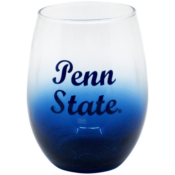 stemless wine glass script Penn State blue fade on bottom
